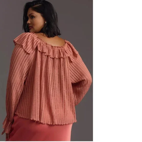 By Anthropologie Long-Sleeve Sheer Striped Crop Blouse top  nwt new with tag - Picture 6 of 7